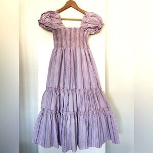 XS/S OPT: Cotton Midi Dress Short Sleeve Tiered Lavender Purple Gingham NWT